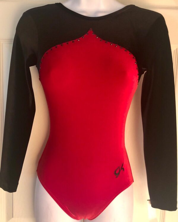 GK Elite RED BLACK VELVET JA LgS GYMNASTIC DANCE LEOTARD AXS