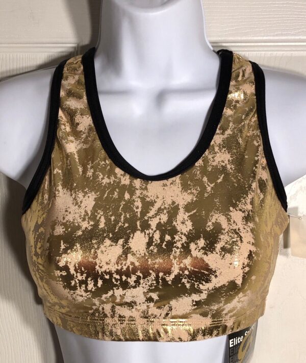 GK CHEER CROP TOP ADULT SMALL GOLD FLORENTINE RACERBACK BLACK DRYTECH AS NWT!