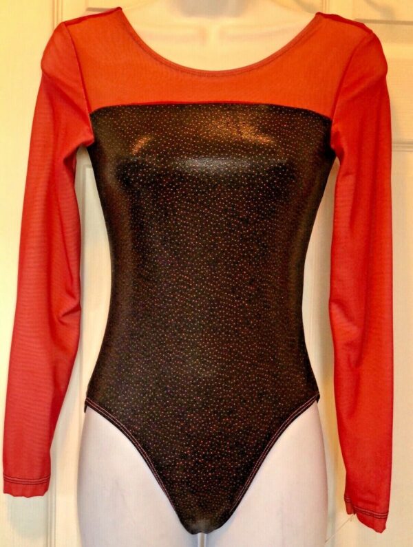 GK ELITE LgS LADIES SMALL RED MESH BLACK JEWELED GYMNASTICS DANCE LEOTARD AS NWT