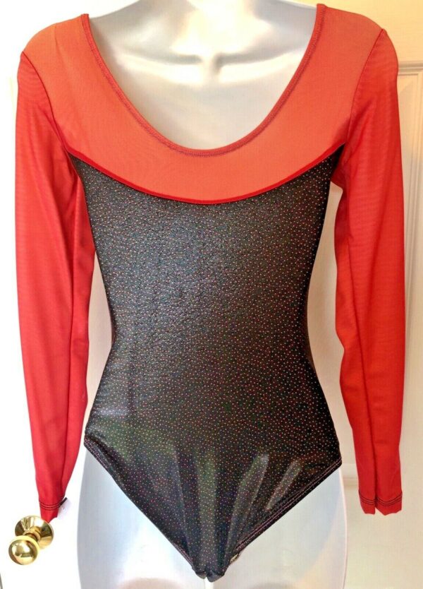 GK ELITE LgS LADIES SMALL RED MESH BLACK JEWELED GYMNASTICS DANCE LEOTARD AS NWT - Image 2