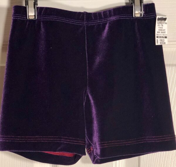 GK CHILD MEDIUM WORKOUT SHORTS EGGPLANT VELVET CHEER DANCE GYMNASTIC Sz CM NWT