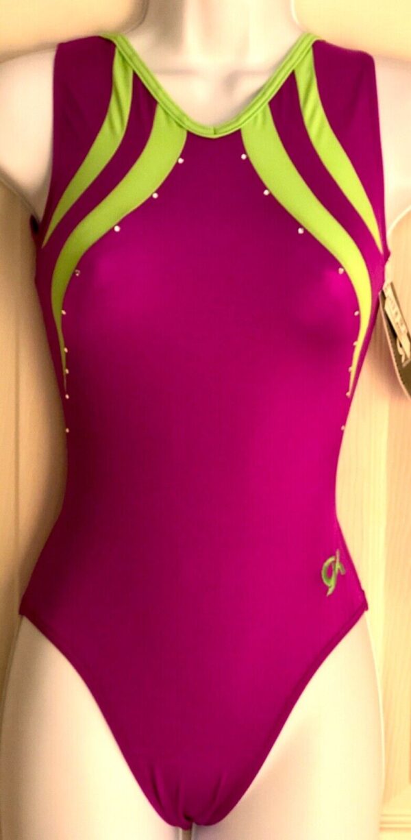 GK MAGENTA LIME ADULT X-SMALL SWAR CRYSTALS TANK GYMNASTICS TANK LEOTARD Sz AXS