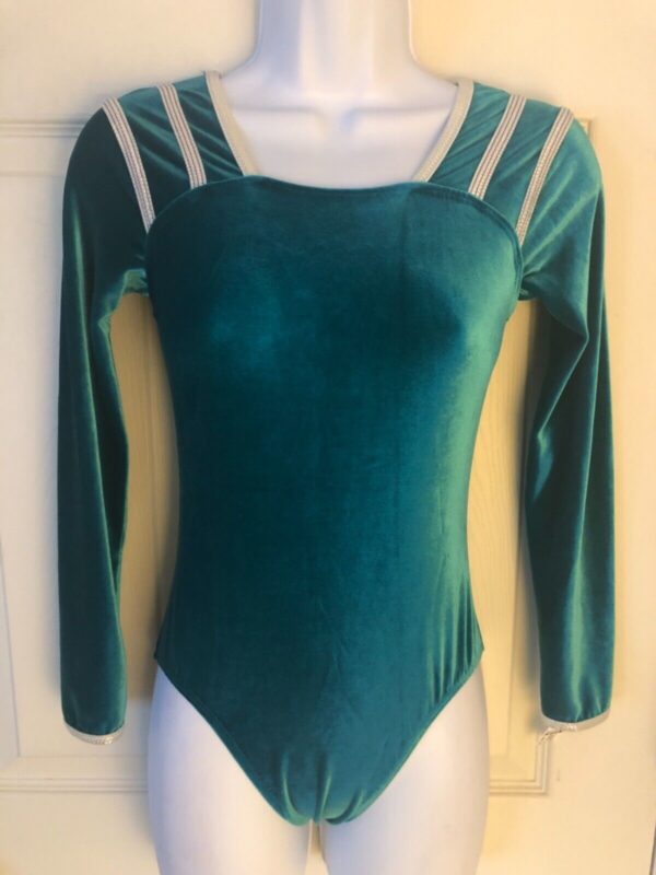 GK LgSLV LADIES SMALL GREEN VELVET SILVER FOIL GYMNASTIC DANCE LEOTARD AS NWT!