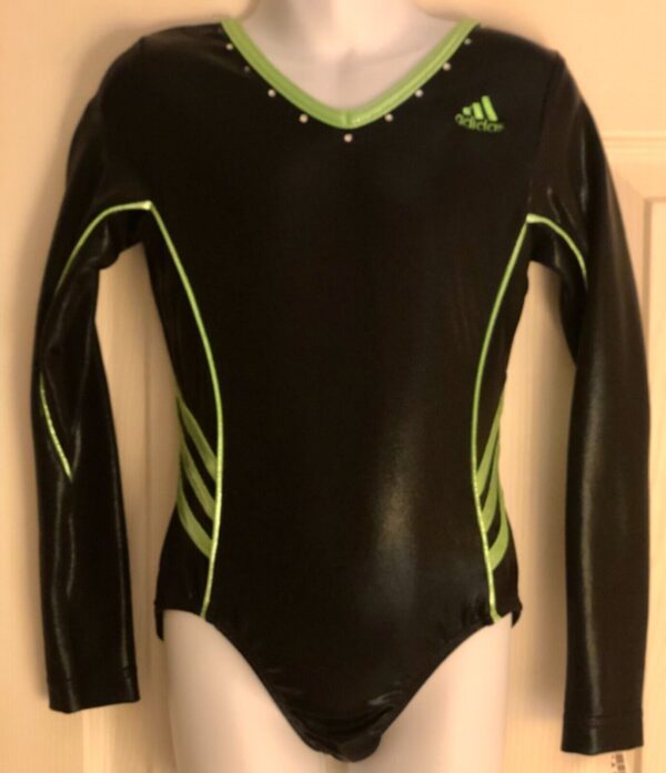 ADIDAS LgS CHILD MEDIUM BLACK GREEN SWAROVSKI CRYSTALS GYMNASTS DANCE LEOTARD CM