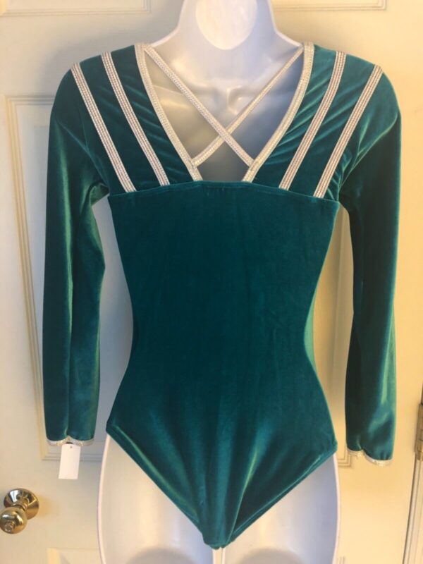 GK LgSLV LADIES SMALL GREEN VELVET SILVER FOIL GYMNASTIC DANCE LEOTARD AS NWT! - Image 5