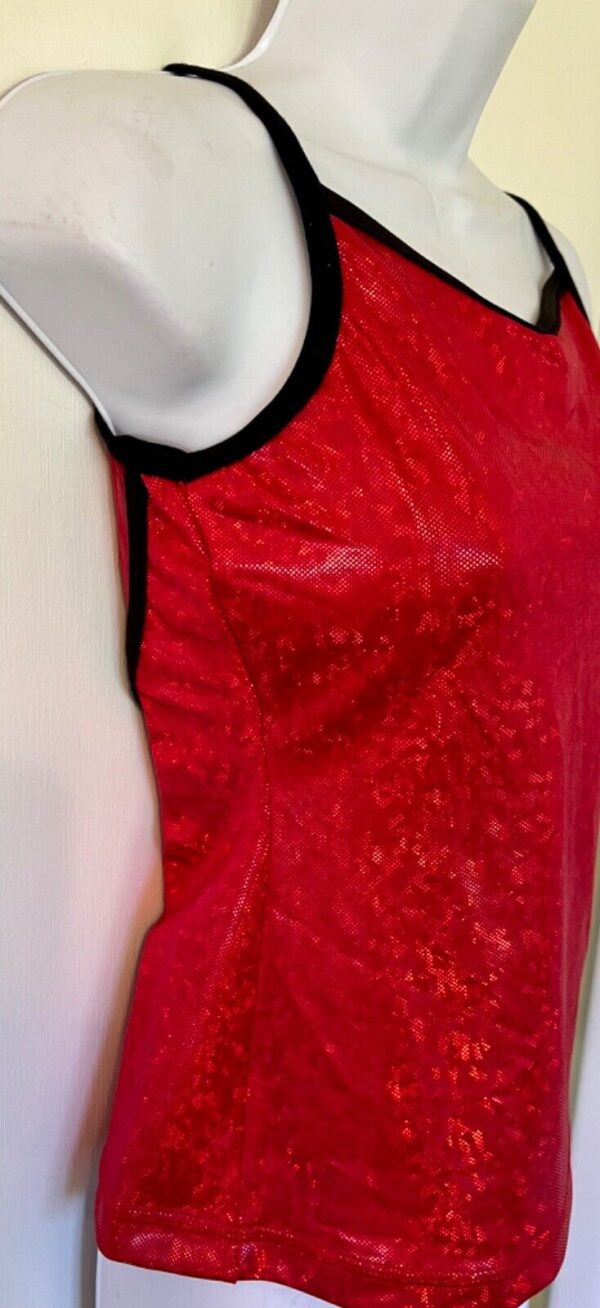 GK DANCE CHEER ADULT SMALL RED FOIL MESH BLACK TRIM RACERBACK TANK TOP Sz AS NWT - Image 2