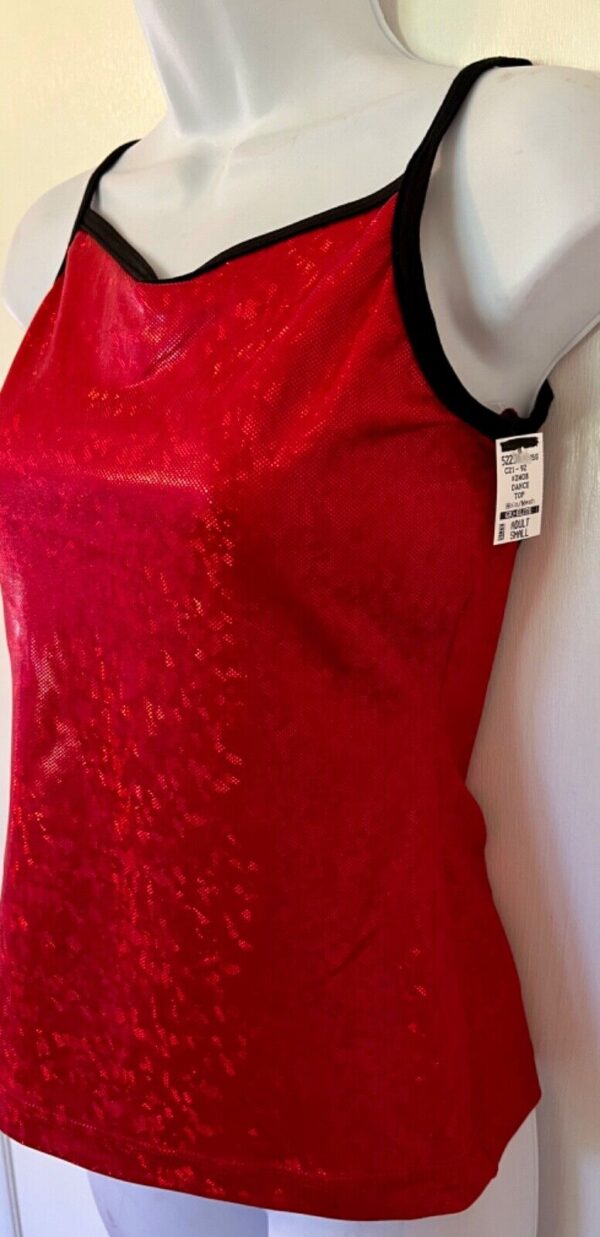 GK DANCE CHEER ADULT SMALL RED FOIL MESH BLACK TRIM RACERBACK TANK TOP Sz AS NWT - Image 3