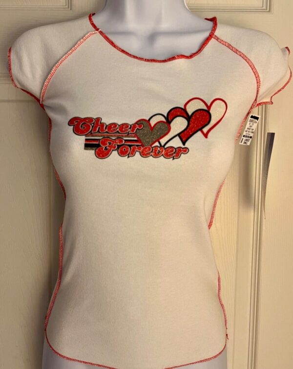 GK CHEER ADULT SMALL COTTON RAGLAN SLV FOREVER HEART GRAPHIC RED STITCH Sz S NWT