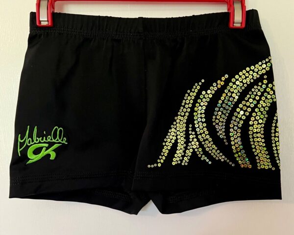 GABRIELLE DOUGLAS GK ADULT X-SMALL LIME SEQUINS BLACK NYLON GYMNASTS SHORTS XS