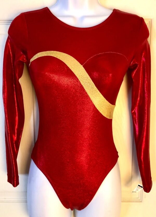 GK LONG SLEEVE LADIES SMALL RED GOLD SPARKLE FOIL DANCE LEOTARD Sz AS NWT!