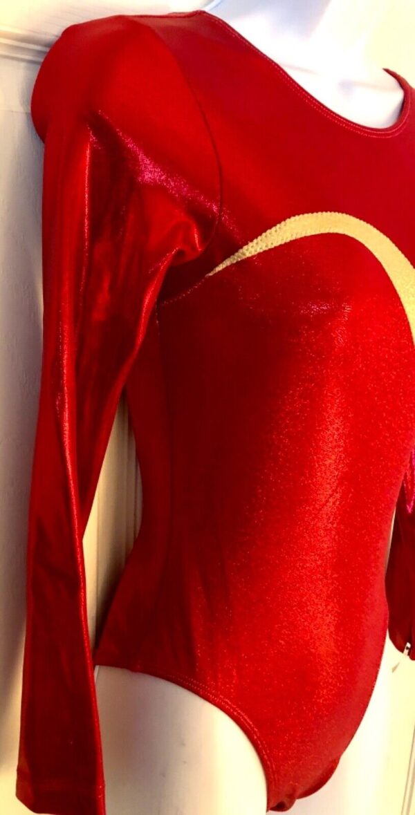 GK LONG SLEEVE LADIES SMALL RED GOLD SPARKLE FOIL DANCE LEOTARD Sz AS NWT! - Image 3