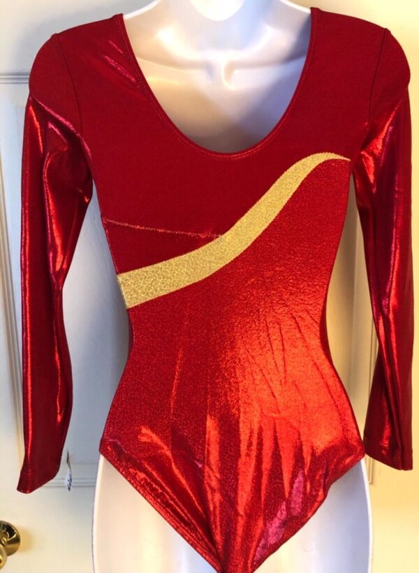 GK LONG SLEEVE LADIES SMALL RED GOLD SPARKLE FOIL DANCE LEOTARD Sz AS NWT! - Image 5