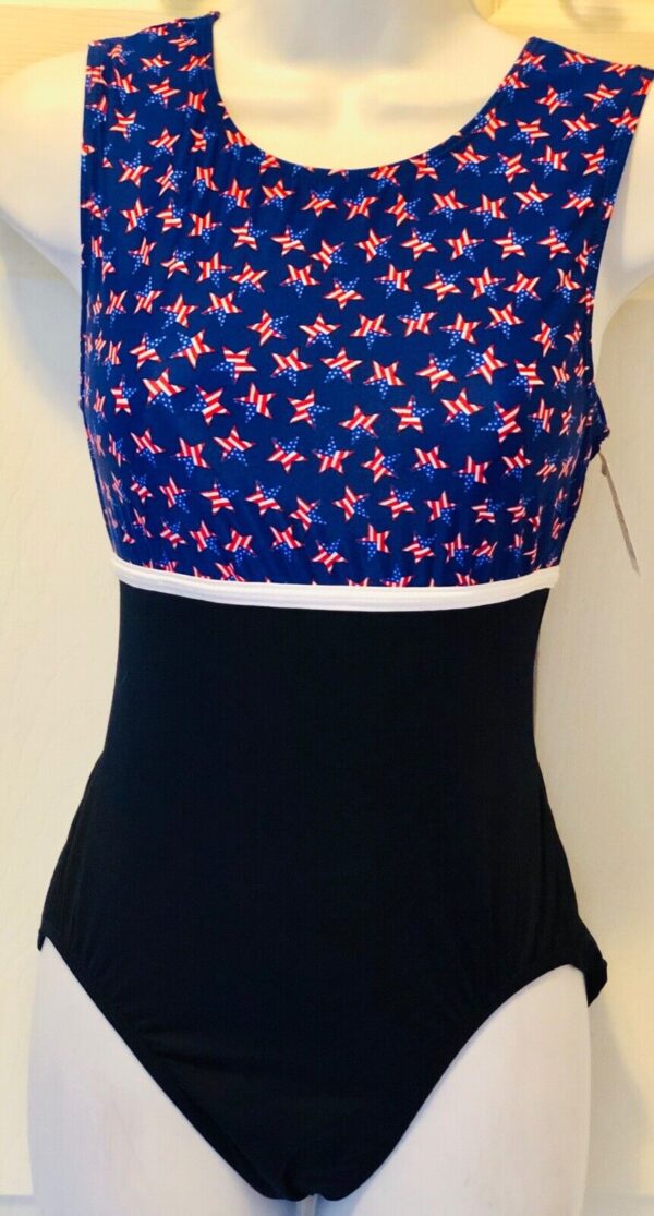 GK Elite TANK LEOTARD ADULT X-LARGE STAR/FLAG PRINT BLUE/BLACK GYM DANCE AXL NWT