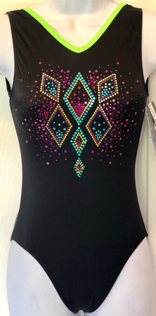 GK ADULT SMALL NEON SPARKLE BLACK N/S STRAPPY BACK GYMNASTIC DANCE LEOTARD Sz AS