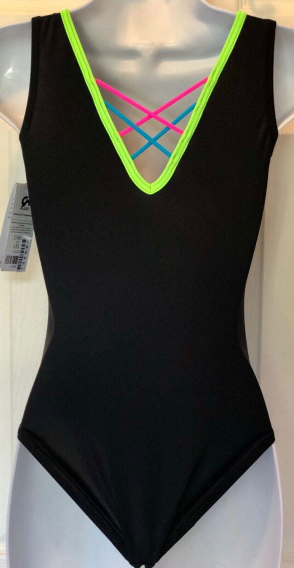 GK ADULT SMALL NEON SPARKLE BLACK N/S STRAPPY BACK GYMNASTIC DANCE LEOTARD Sz AS - Image 3