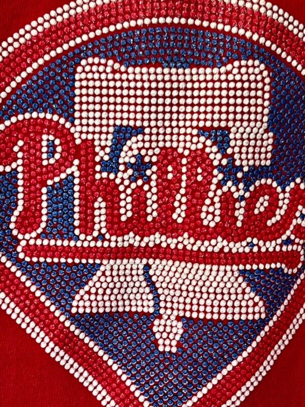 PHILLIES WOMENS LARGE LgSLV RED COTTON LIBERTY BELL SPARKLE BEADED ACCENTS TOP - Image 2