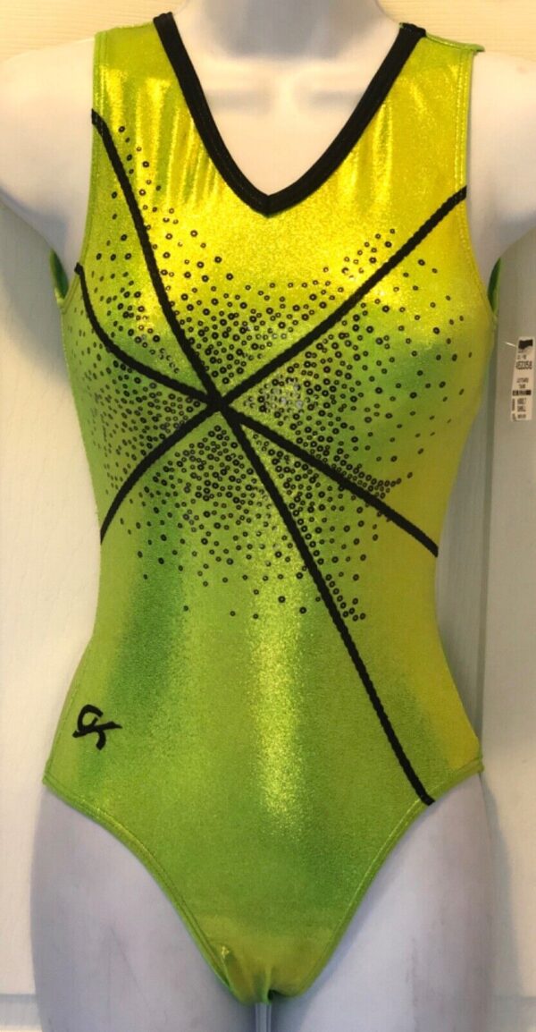 GK LEMON LIME FOIL TANK ADULT SMALL BLACK SEQUINZ GYMNASTICS DANCE LEOTARD AS.