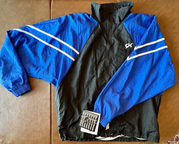 GK WARM UP ADULT MEDIUM BLUE BLACK GYMNAST CHEER TRACK CRINKLE NYLON JACKET Sz M