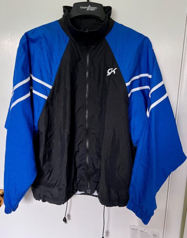 GK WARM UP ADULT MEDIUM BLUE BLACK GYMNAST CHEER TRACK CRINKLE NYLON JACKET Sz M - Image 2