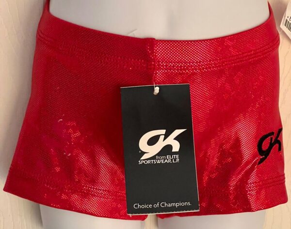 GK RED FOIL CHILD SMALL MICRO MINI SPARKLE GYMNAST DANCE WORKOUT SHORTS Sz CS