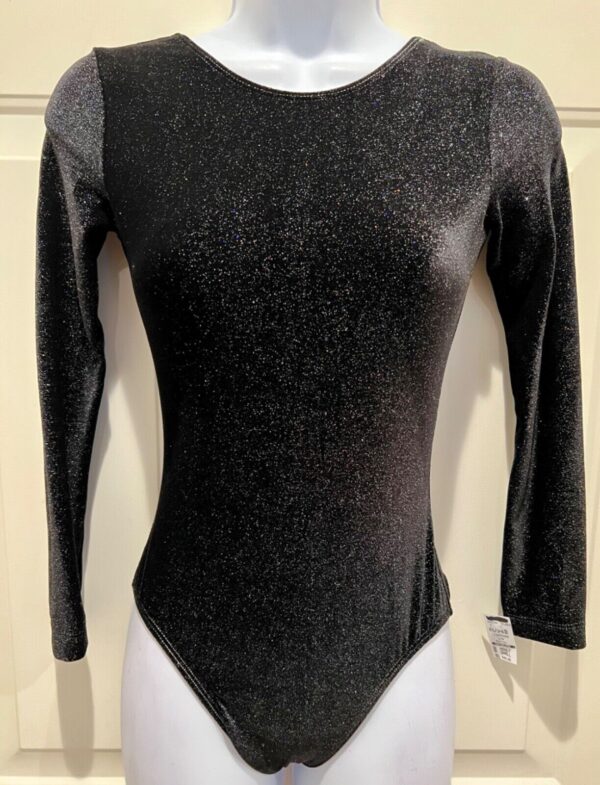 GK LgSLV ADULT SMALL BLACK GLITTER VELVET GYMNASTICS DANCE LEOTARD Sz AS NWT!