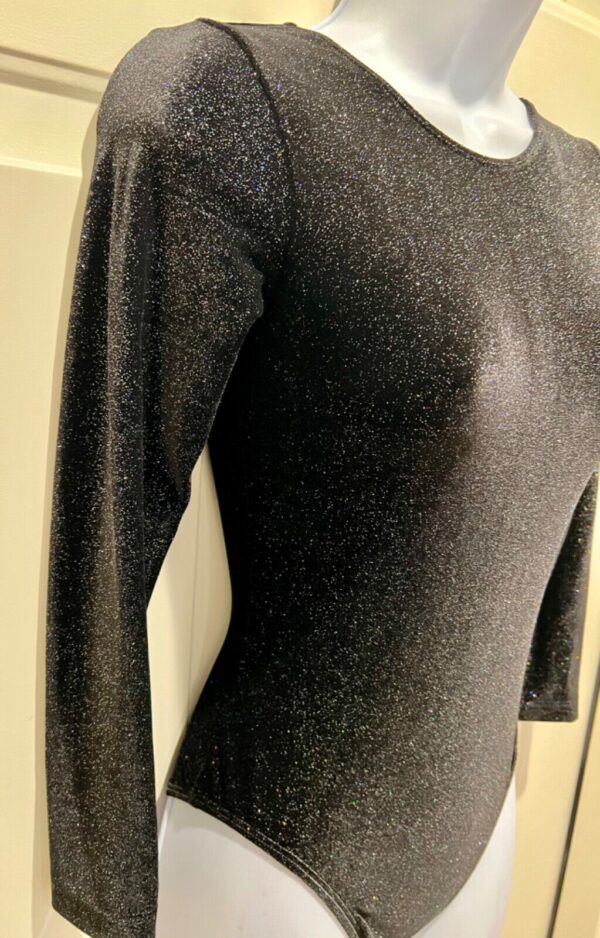 GK LgSLV ADULT SMALL BLACK GLITTER VELVET GYMNASTICS DANCE LEOTARD Sz AS NWT! - Image 3