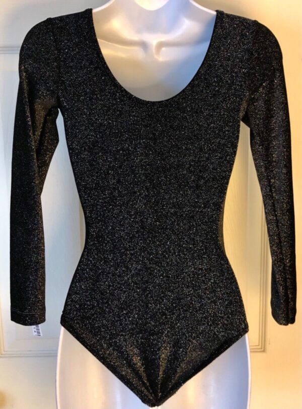 GK LgSLV ADULT SMALL BLACK GLITTER VELVET GYMNASTICS DANCE LEOTARD Sz AS NWT! - Image 5