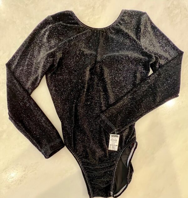 GK LgSLV ADULT SMALL BLACK GLITTER VELVET GYMNASTICS DANCE LEOTARD Sz AS NWT! - Image 6