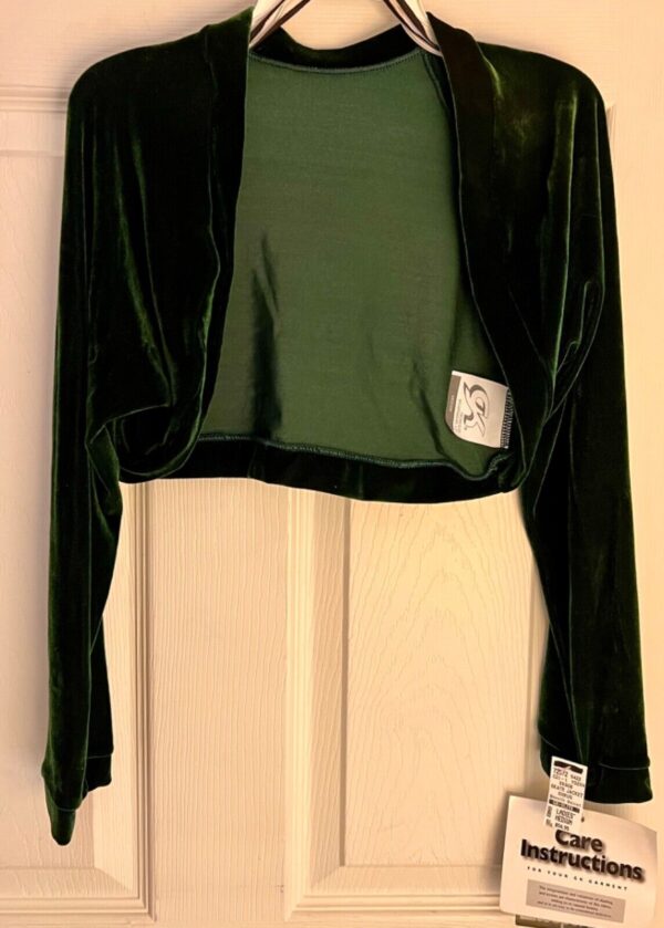 GK ICE SKATE DANCE LADIES MEDIUM EVERGREEN VELVET LONGSLEEVE SHRUG JACKET SZ M - Image 2