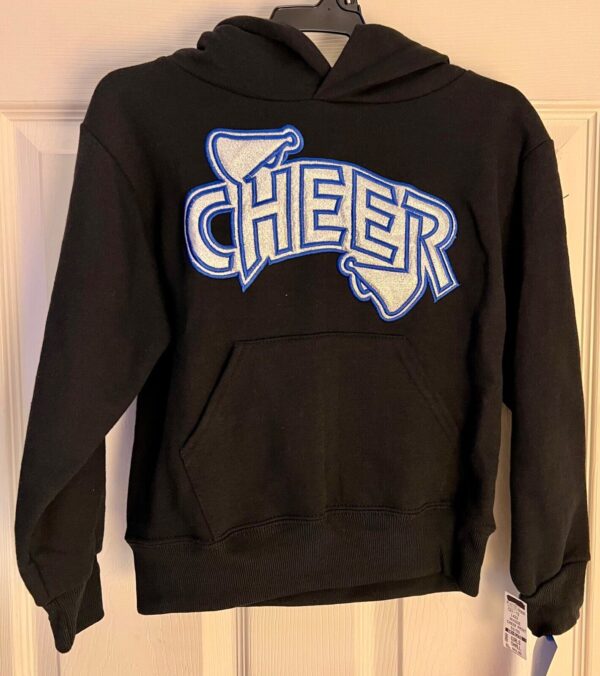 GK "CHEER" GIRLS SMALL BLACK SWEATSHIRT HOODIE BLUE SILVER METALLIC LOGO SZ S - Image 2