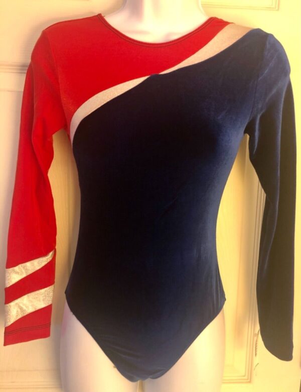 GK ADULT SMALL BLUE VELVET LgSLV RED IRIDESCENT GYMNASTICS DANCE LEOTARD Sz AS