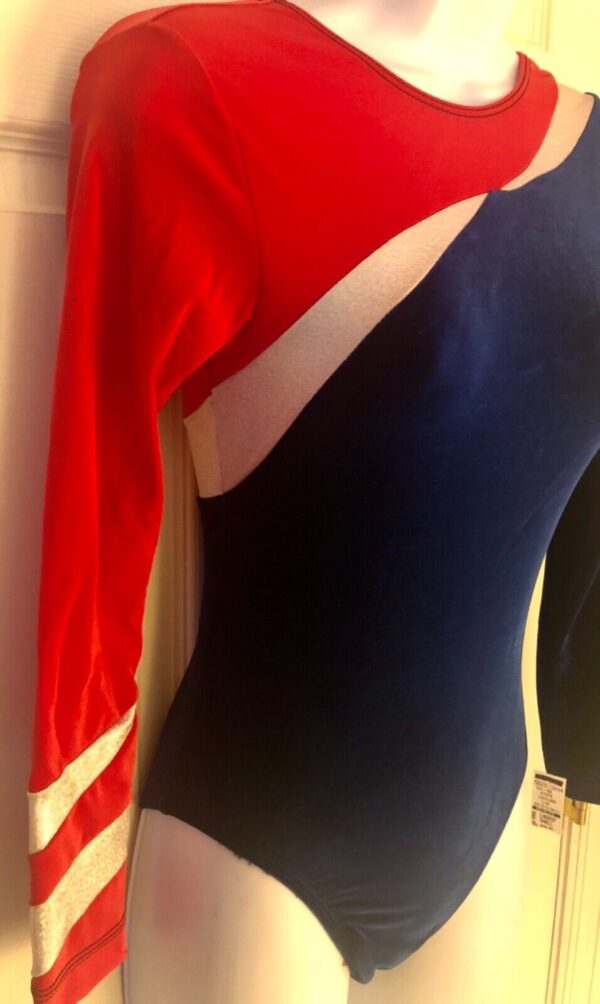 GK ADULT SMALL BLUE VELVET LgSLV RED IRIDESCENT GYMNASTICS DANCE LEOTARD Sz AS - Image 4