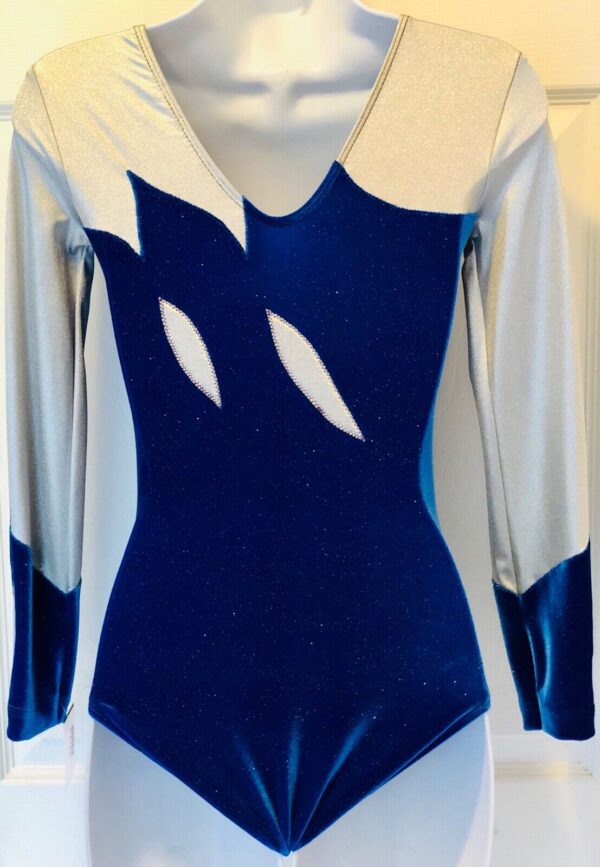 GK ELITE LgS LADIES SMALL ROYAL GLITTER VELVET SILVER GYMNASTIC DANCE LEOTARD AS - Image 2