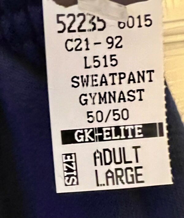 GK NAVY SWEATPANTS ADULT LARGE WHITE 'GYMNAST' GRAPHIC COTTON BLEND SZ L NWT! - Image 6