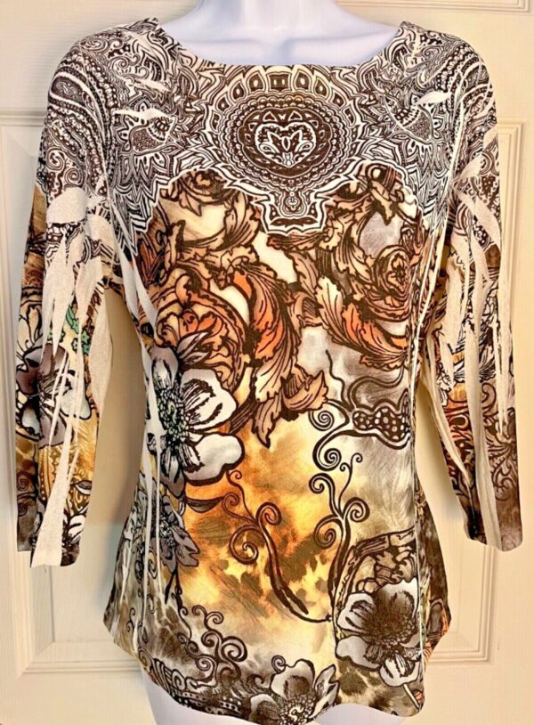 COLDWATER CREEK LADIES LARGE 3/4 SLV TRIBAL BOHO FLORAL PRINT STRETCH TOP SZ L