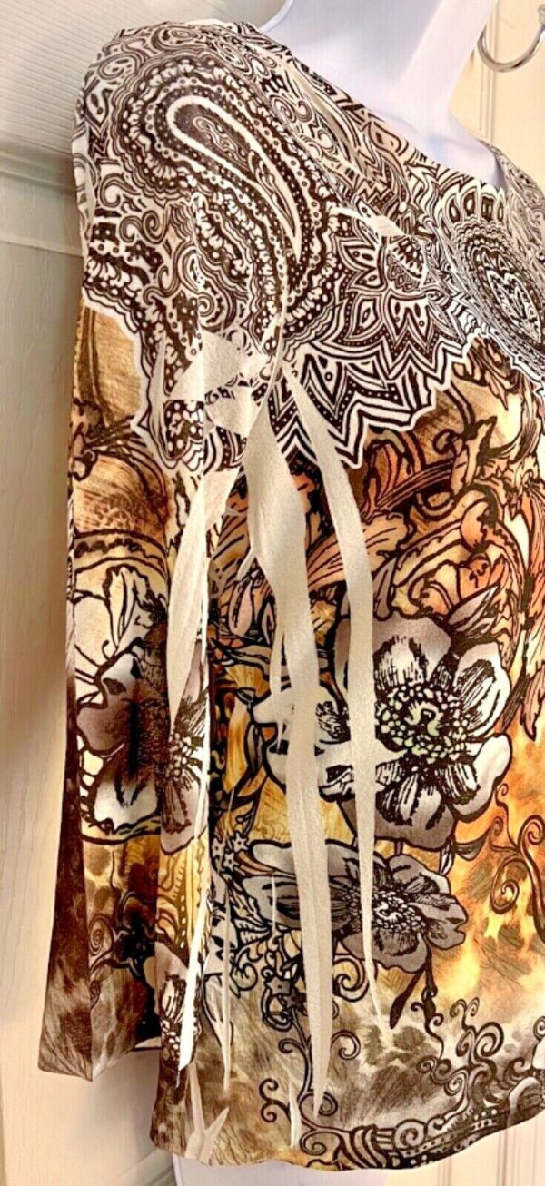 COLDWATER CREEK LADIES LARGE 3/4 SLV TRIBAL BOHO FLORAL PRINT STRETCH TOP SZ L - Image 3