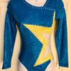 GK LgSLV LADIES SMALL TURQUOISE FOIL YELLOW STAR JA GYMNAST DANCE LEOTARD Sz AS
