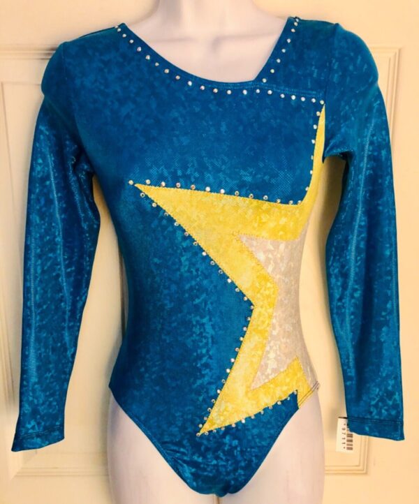 GK LgSLV LADIES SMALL TURQUOISE FOIL YELLOW STAR JA GYMNAST DANCE LEOTARD Sz AS