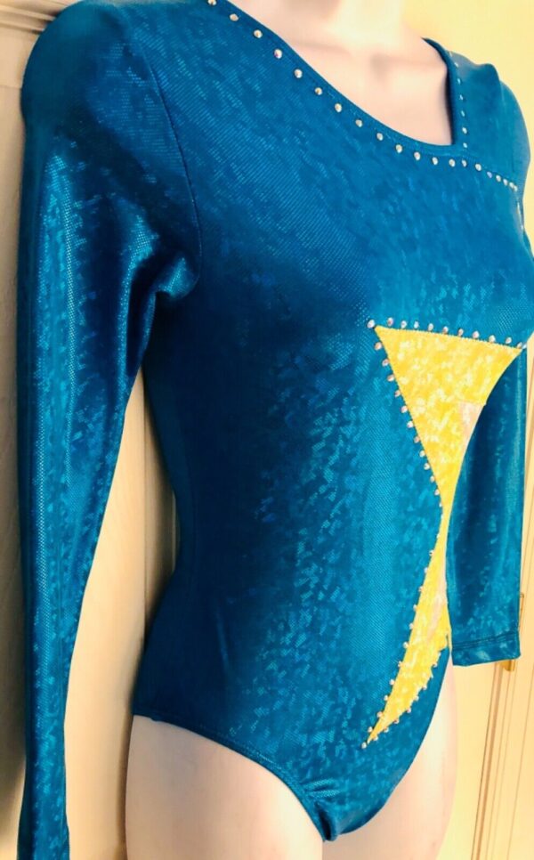 GK LgSLV LADIES SMALL TURQUOISE FOIL YELLOW STAR JA GYMNAST DANCE LEOTARD Sz AS - Image 3