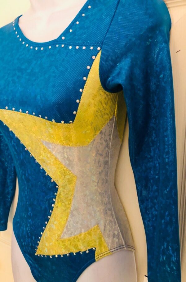 GK LgSLV LADIES SMALL TURQUOISE FOIL YELLOW STAR JA GYMNAST DANCE LEOTARD Sz AS - Image 4