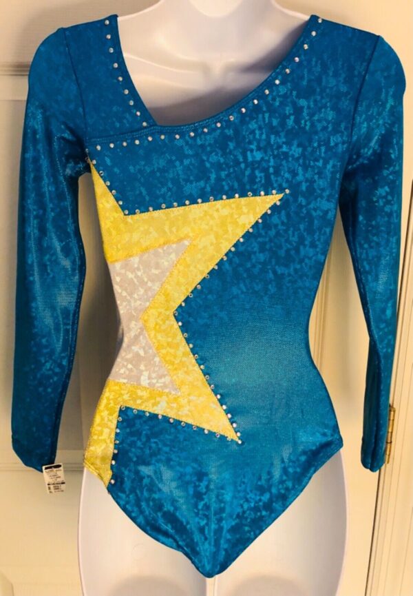 GK LgSLV LADIES SMALL TURQUOISE FOIL YELLOW STAR JA GYMNAST DANCE LEOTARD Sz AS - Image 5