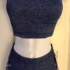 GK 2PC NAVY SPARKLE LADIES SMALL CROP TOP & SHORTS SET VELVET TRIM DANCE CHEER S