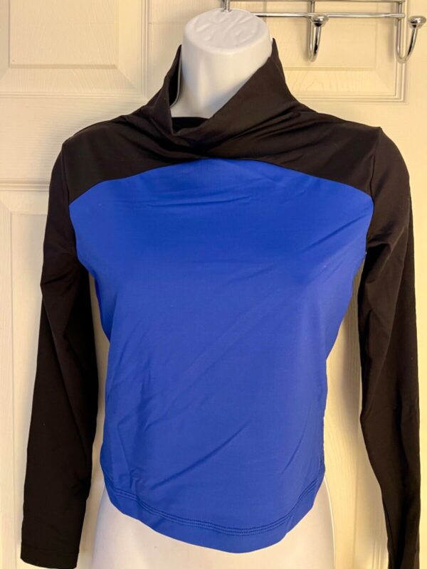 GK ICE SKATE LADIES LARGE LgSLV NYLON/SPANDEX BLUE/BLACK CROP DANCE TOP  SZ L