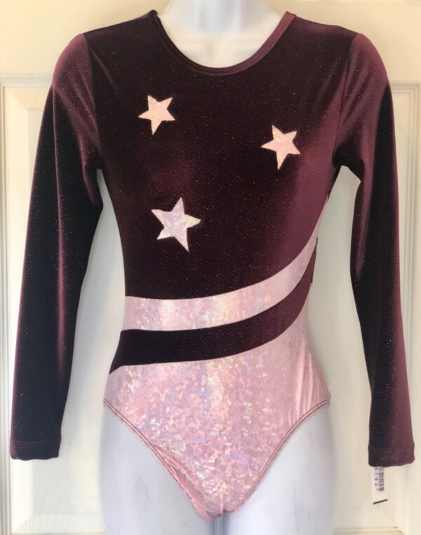 GK Elite LgSLV PLUM GLITTER VELVET ADULT SMALL PINK FOIL STARS Sz AS NWT