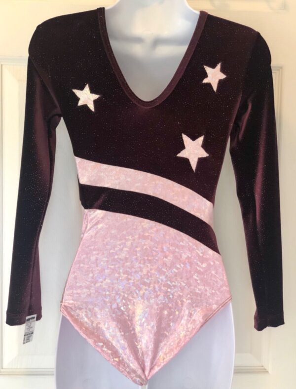 GK Elite LgSLV PLUM GLITTER VELVET ADULT SMALL PINK FOIL STARS Sz AS NWT - Image 5
