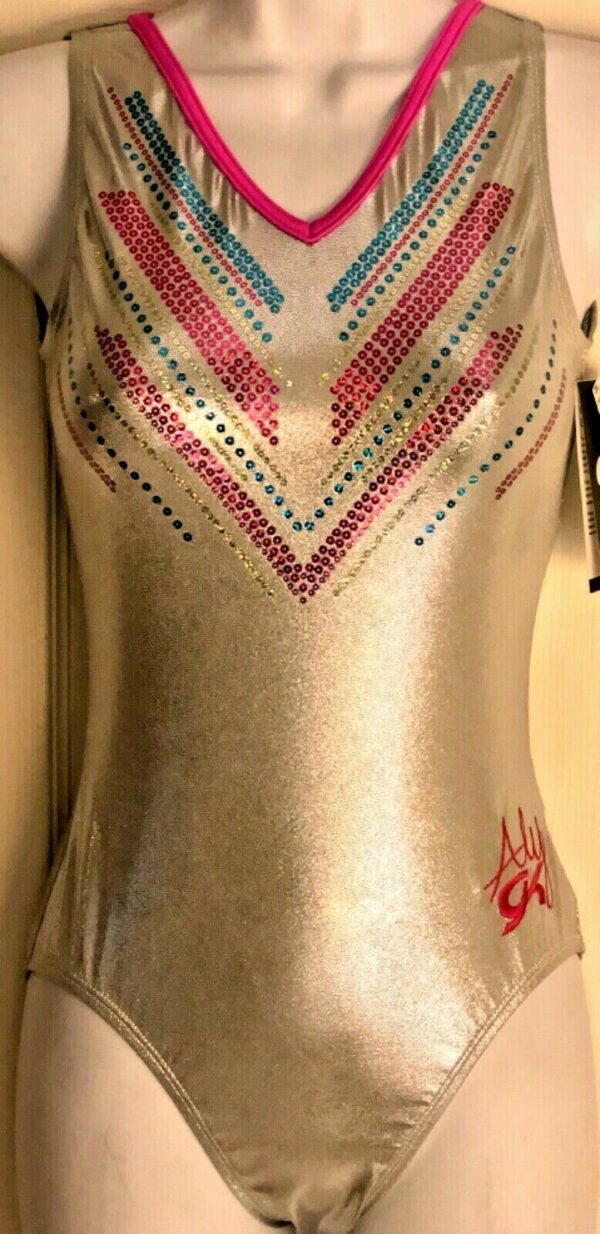 ALY RAISMAN GK TANK ADULT SMALL PLATINUM FOIL BRIGHT SEQUINZ GYMNASTS LEOTARD AS