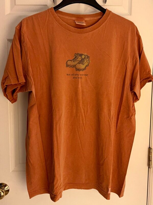 LIFE IS GOOD Men's Large HIKING Theme Graphics Faded Orange Short Sleeve T Shirt