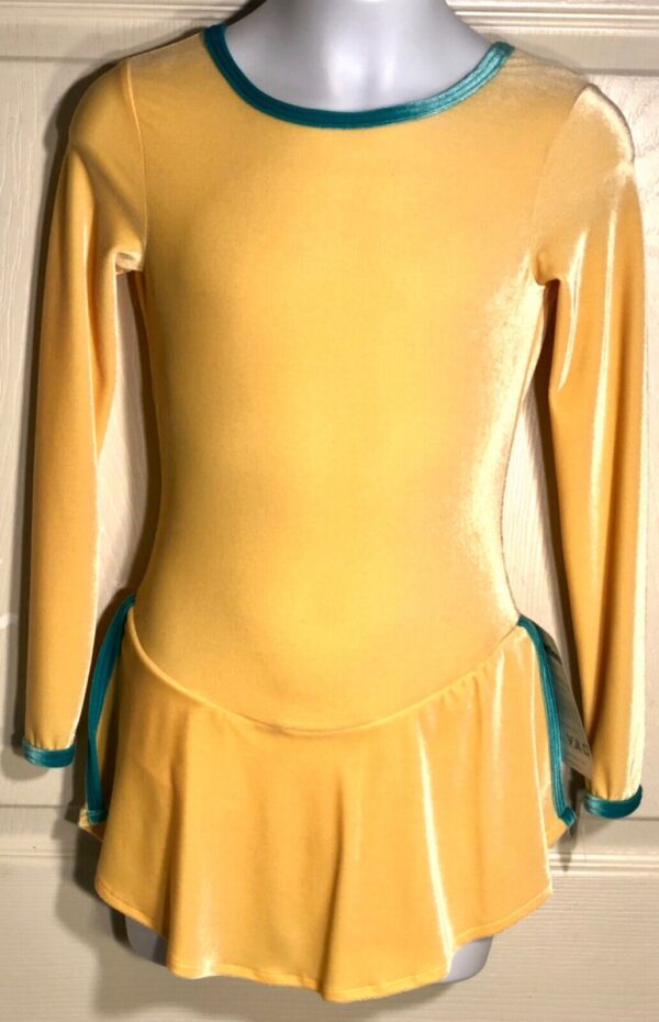 GK YELLOW VELVET CHILD LARGE JADE TRIM JEWEL NECK V-BACK FIGURE SKATE DRESS CL