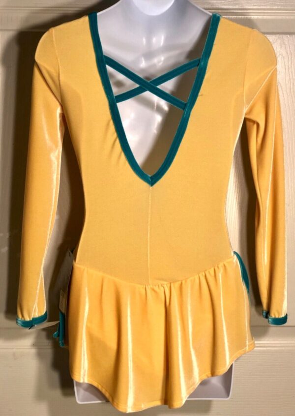 GK YELLOW VELVET CHILD LARGE JADE TRIM JEWEL NECK V-BACK FIGURE SKATE DRESS CL - Image 2