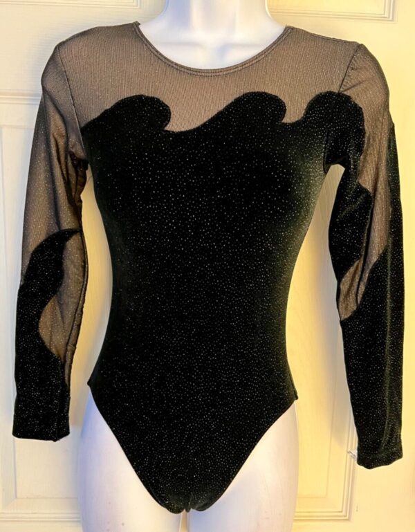 GK LgSLV LADIES SMALL BLACK GLITTER VELVET & MESH GYMNASTICS DANCE LEOTARD Sz AS